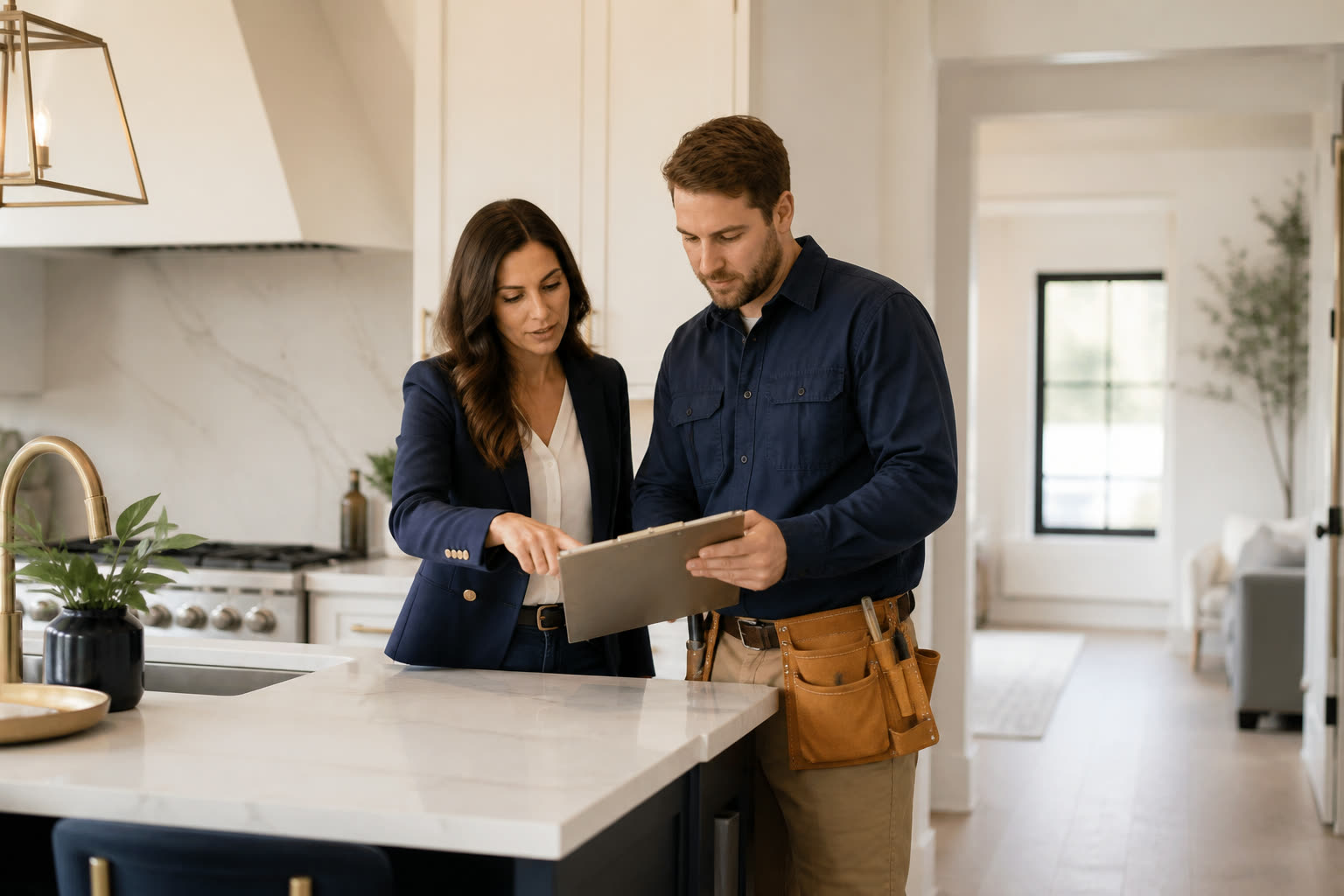 Operator and homeowner reviewing a project in a finished kitchen